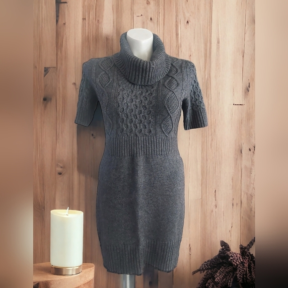 LOFT Gray Sweater Dress Size Large Turtleneck  Wool Cotton  Blend Short Sleeve - Picture 2 of 12